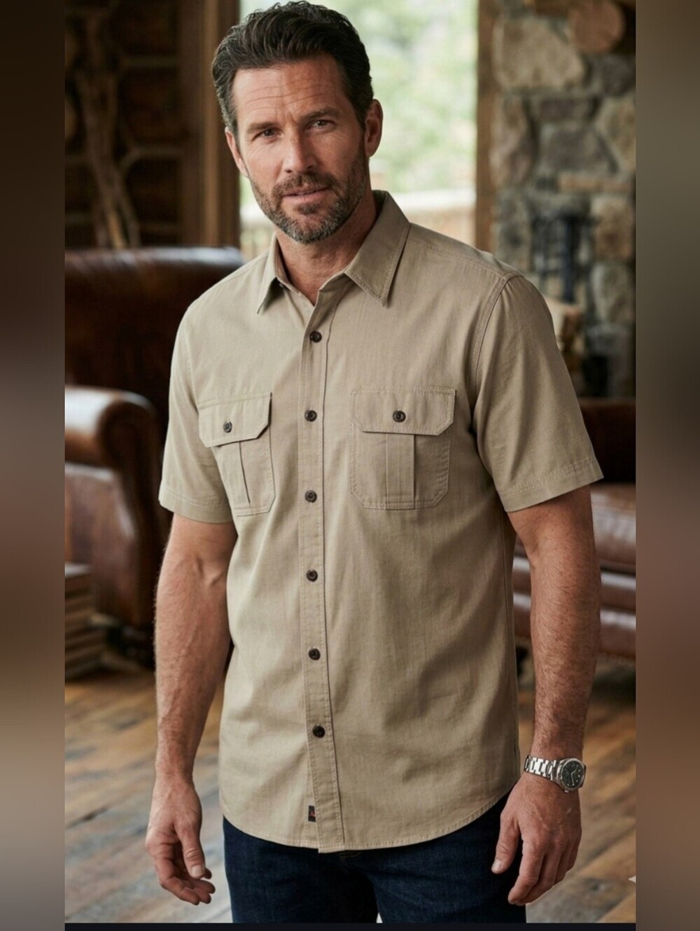 Vintage Northwest Territory Mens Button Down Short Sleeve Twill Shirt XLT Khaki